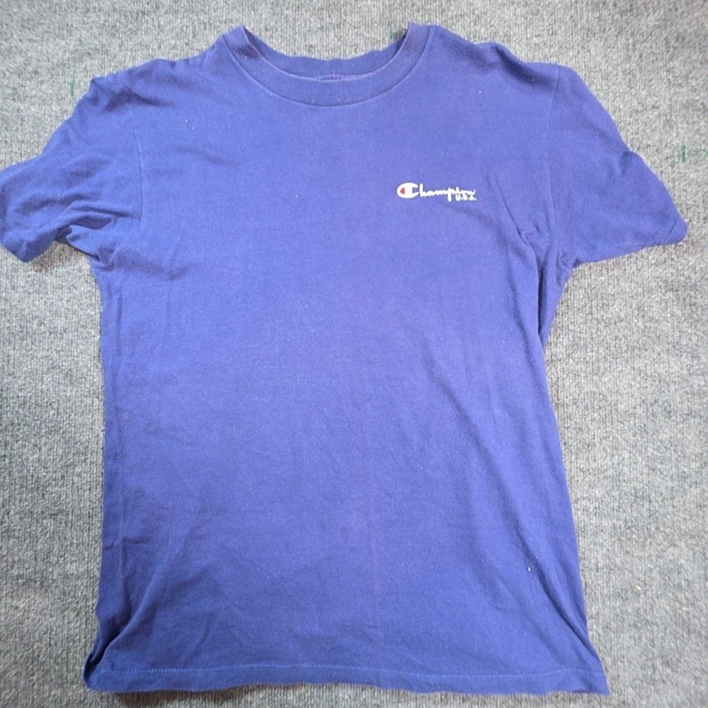 Vintage Champion Mens XL Blue Small Logo Tee T-Shirt Made In USA Cotton RN 26094